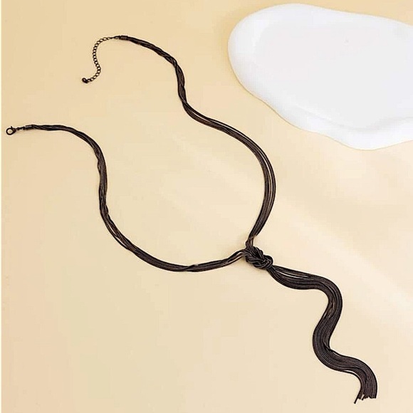 Y Lariat Gunmetal Tassel Fringe Knot Statement Necklace - Picture 6 of 7